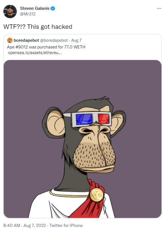 Steven Galanis表示他的「無聊猿」NFT遭竊。   圖：翻攝自Steven Galanis Twitter