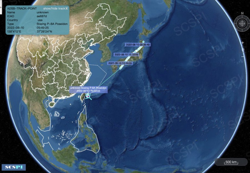 中國半官方智庫「南海戰略態勢感知計畫」(SCSPI)發布推文，以「罕見的飛行軌跡」形容美軍P-8A「海神式」(Poseidon)海上巡邏機「直飛」台灣東部海域作業。   圖：翻攝SCS Probing Initiative推特