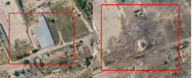 完好無損的 Nova Kakhovka 倉庫(左)與被海馬斯飛彈襲擊過後的倉庫(右)。 圖:Maxar