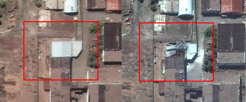 被襲擊前的監獄(左)與爆炸案後的監獄(右)。 圖:Planet Labs, SkySat完好無損的 Nova Kakhovka 倉庫(左)與被海馬斯飛彈襲擊過後的倉庫(右)。 圖:Maxar完好無損的 Nova Kakhovka 倉庫(左)與被海馬斯飛彈襲擊過後的倉庫(右)。 圖:Maxar