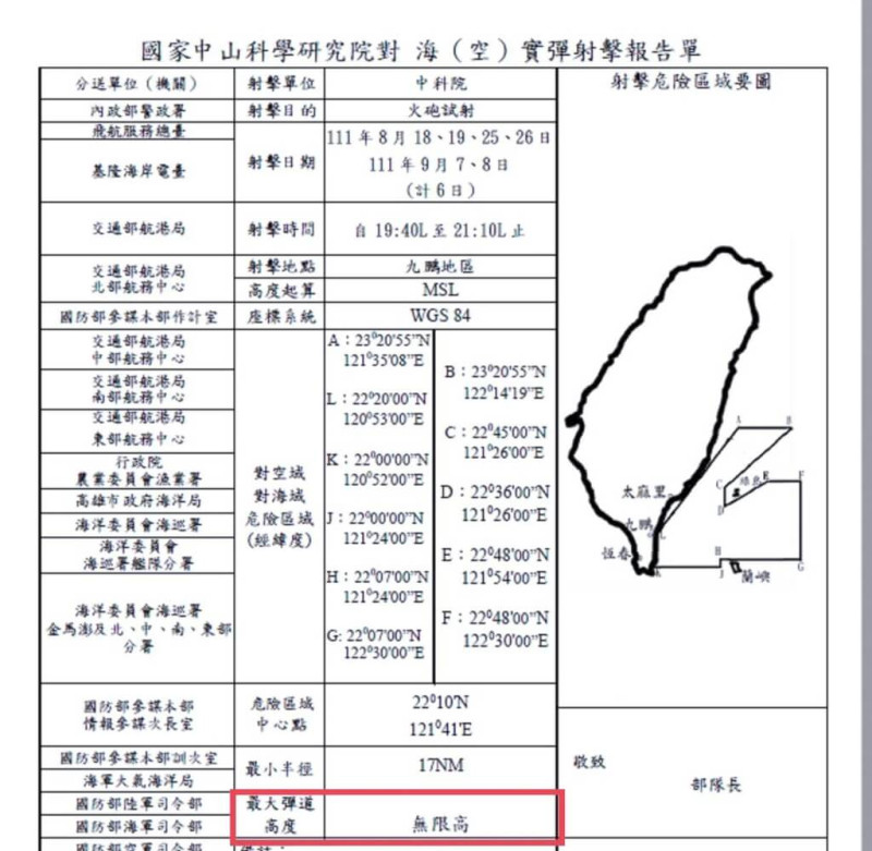 中科院發布實彈射擊公告。   圖:漁業署公告