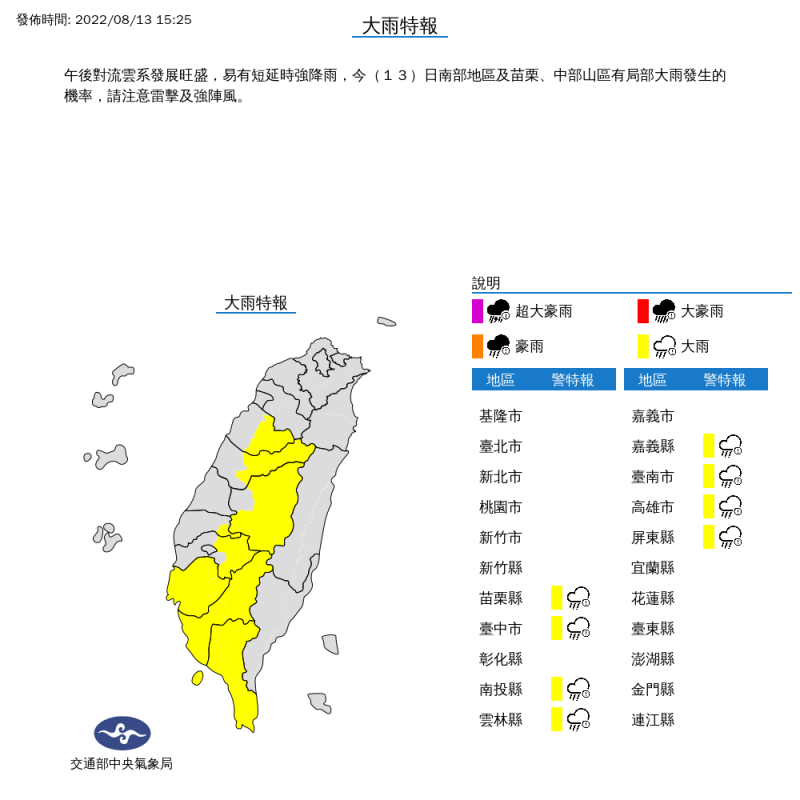 氣象局對中南部8縣市發布大雨特報。   圖：取自中央氣象局網站
