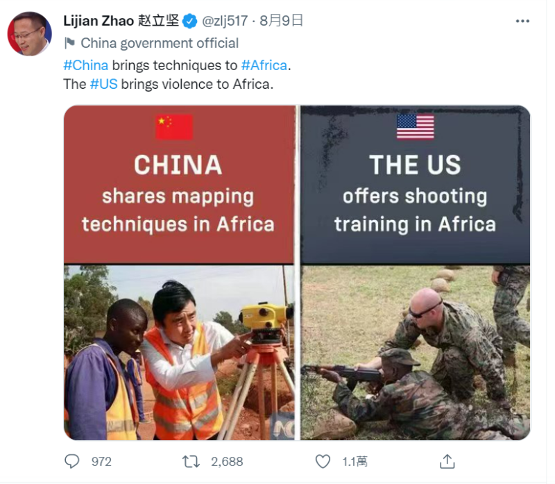 趙立堅發文對比中美分別在非洲所做的貢獻，用以攻擊美國。   圖: 翻攝自趙立堅推特