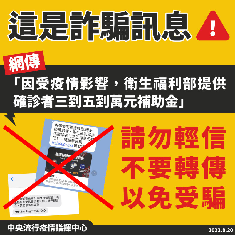 近期網路流傳不明訊息以「因受疫情影響，衛生福利部提供確診者三到五萬元補助金」等相關詞彙製作釣魚連結，指揮中心提醒民眾小心詐騙簡訊。   圖：指揮中心提供