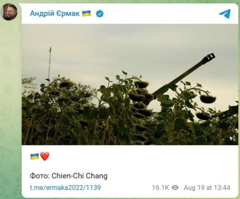 烏克蘭總統辦公室主任葉爾馬克（Andriy Yermak）轉發一張佇立在向日葵花田裡榴彈砲的照片。   圖：翻攝自Telegram