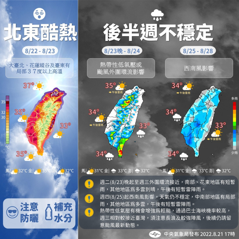 氣象局今在臉書專頁發布一週氣象預告， 指上半週北、東酷熱 ，下半週天氣不穩，水氣較多。   圖：翻攝中央氣象局／臉書專頁