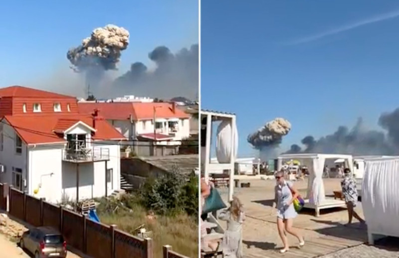 位於克里米亞西南部的俄軍薩基空軍基地（Saki Air Base）9日發生大爆炸，不具名的烏國官員透露是該國特種部隊所為。   圖：擷自推特@nycjim
