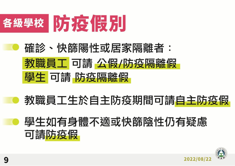 111學年度開學防疫措施-防疫假三大規定   圖：中央流行疫情指揮中心/提供