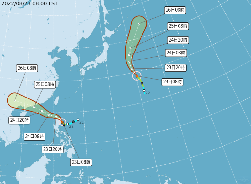 目前海面上有2個颱風。   圖：取自中央氣象局網站