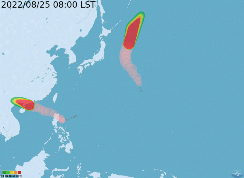 第9號輕颱「馬鞍」在廣東海面，向西北西，侵襲廣東；中颱「蝎虎」則是在日本東方海面，偏北北東移動，對日本沒有威脅。   圖：翻攝自中央氣象局網站