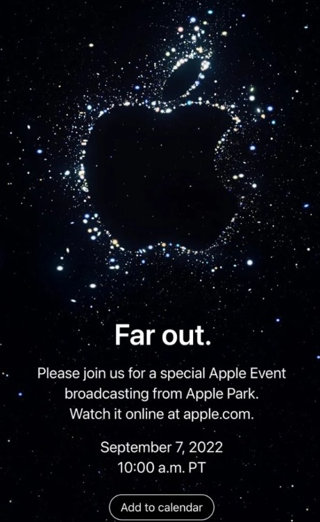 這次邀請函以太空為主題，寫上「Far out」字樣，揭示將有重大更動。   圖：取自蘋果官網