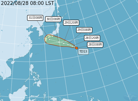 日本東南方海面生成熱帶性低氣壓TD13。   圖：取自中央氣象局官網