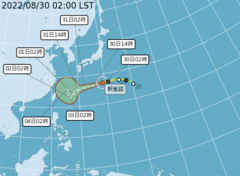 中度颱風「軒嵐諾」今天凌晨2時的中心位置，在台北東方1770公里海面上，以每小時28轉25公里速度，向西進行。   圖：中央氣象局/提供