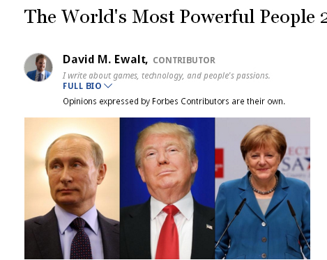 《富比士》公布2016年權勢榜，俄羅斯總統普亭（左起）、美國總統當選人川普與德國總理梅克爾為前3名。   圖：翻攝《富比士》官網