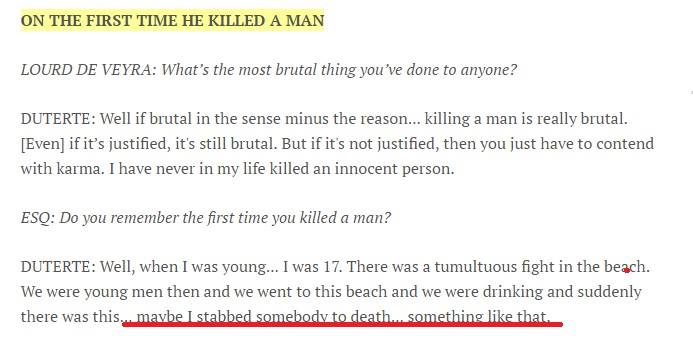 在專訪中，杜特地表示是在17歲時殺人致死。   圖：翻攝《君子雜誌》