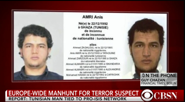 德國警方4日公布柏林恐怖攻擊主嫌突尼西亞男子艾姆里（圖）的逃亡路線。   圖：翻攝CBS NEWS