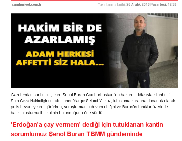 土耳其《共和報》附設餐廳的經理布蘭曾經揚言，不會端茶伺候該國強人總統艾爾段，竟然遭到收押。   圖：翻攝cumhuriyet