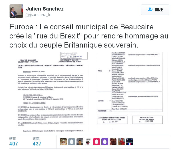 法國博凱爾市市長桑切斯聲稱「脫歐路」的命名，是為了向英國脫歐致敬。   圖：翻攝桑切斯推特