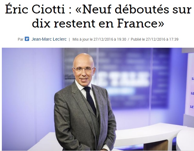 法國共和黨籍國會議員齊歐堤（Eric Ciotti）表示，10個被駁回庇護申請的難民，有9個還留在法國境內，現行系統難以區別法國真正應該保護的難民和有心濫用法國資源的人。   圖：翻攝Le Figaro網站