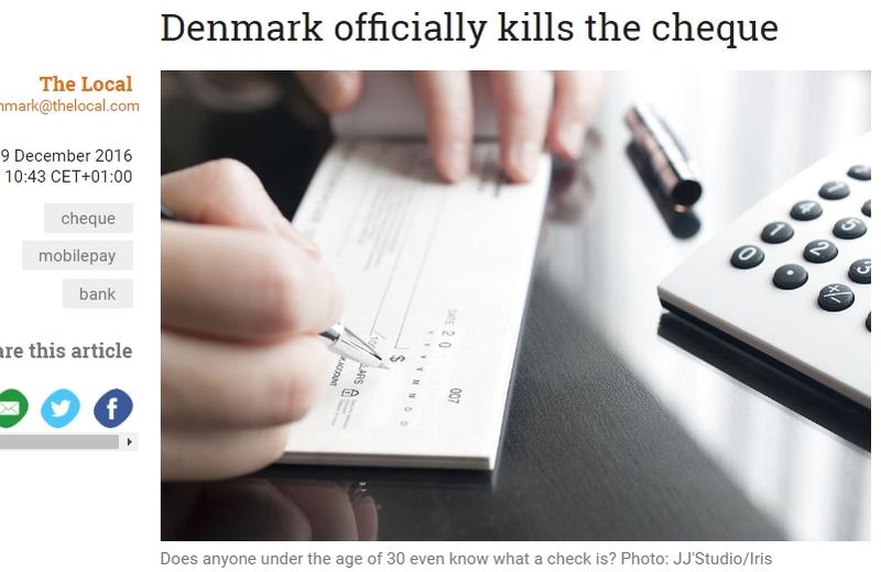 在推動無紙鈔交易1年後，丹麥2017年起將全面停用支票。   圖：翻攝自The Local網站