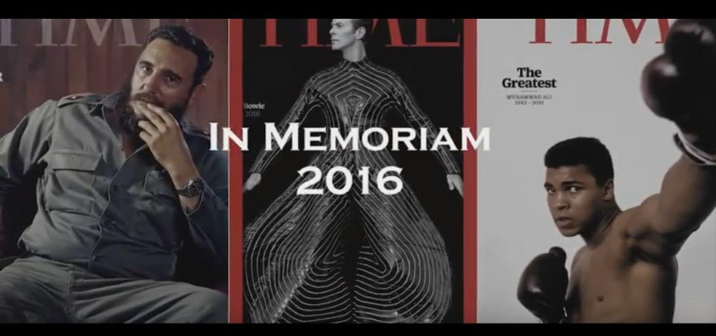 從卡斯楚、大衛鮑伊到阿里，《時代雜誌》特別整理了2016回憶錄，讓大家一起回顧今年離開的名人。   圖：翻攝自《時代雜誌》youtube影片