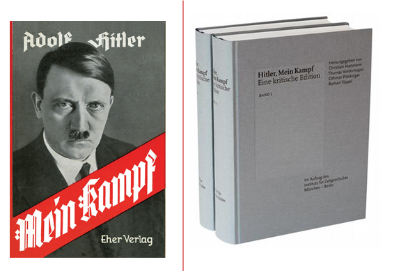 希特勒自傳《我的奮鬥》（左圖）時隔數十年，再有出版社推出學者加註版，封面沒有任何納粹標誌或肖像（右圖）。   圖：翻攝網路/ 新頭殼合成