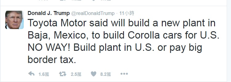 川普5日在推特（Twitter）發文，威脅豐田（TOYOTA）若在墨西哥建廠，將被徵收高額邊境稅。   圖：翻攝自川普Twitter。