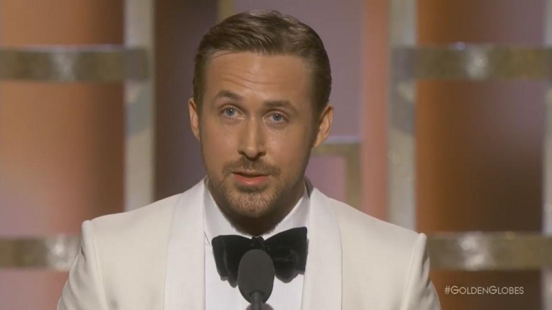 美國影視「金球獎」在洛杉磯當地時間8日舉行，音樂電影「樂來越愛你」的7項提名全數獲獎，打破金球獎紀錄。圖為「樂」片男主角雷恩葛斯林（Ryan Gosling）。   圖：翻攝金球獎推特