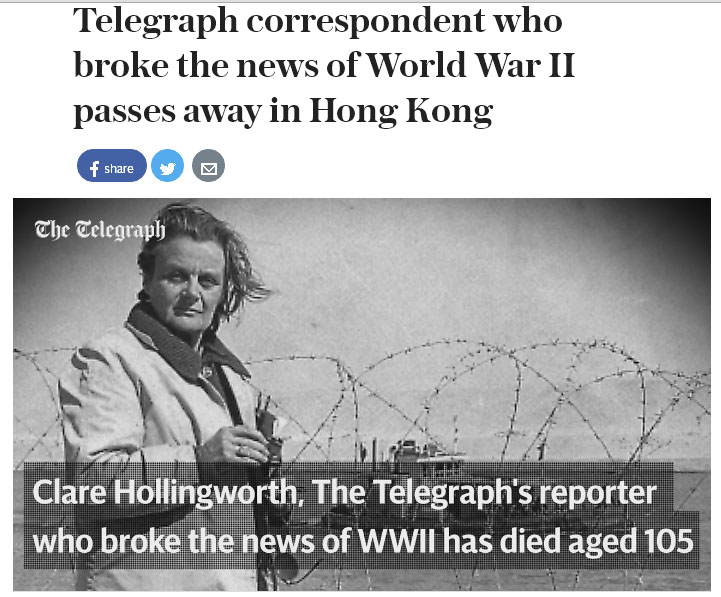 英國戰地女記者霍林沃思是第1位報導二次世界大戰爆發的新聞人，她在世界各地穿越槍林彈雨，數度與死神擦身而過。   圖：翻攝《每日電訊報》
