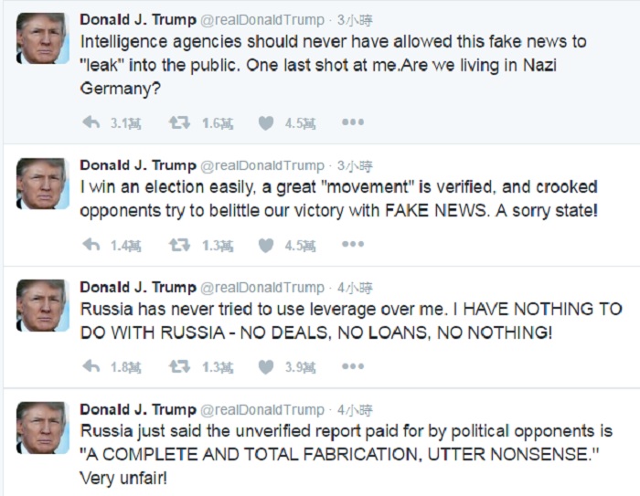 針對美國數家媒體未經證實爆料指稱俄羅斯握有不利他的資料，美國準總統川普11日在推特上連續發文駁斥。   圖：翻攝川普推特