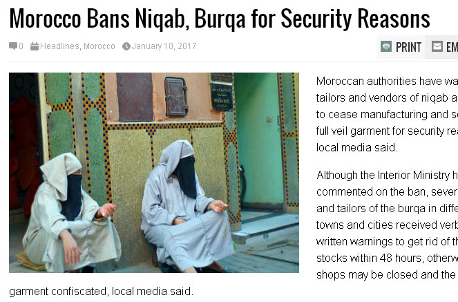 《北非郵報》的報導，摩洛哥政府要求廠商立即禁止生產及銷售面紗與布卡全身罩袍。   圖：翻攝《北非郵報》