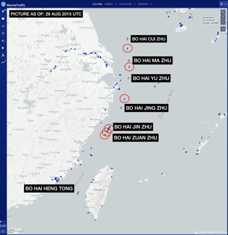 中國「渤海輪渡」集團旗下7艘大型「客滾輪船」，離開原本運行的黃海海域向南行駛，推測可能是要參加解放軍在台灣海峽進行的軍事演習行動。   圖：翻攝Thomas Shugart推特