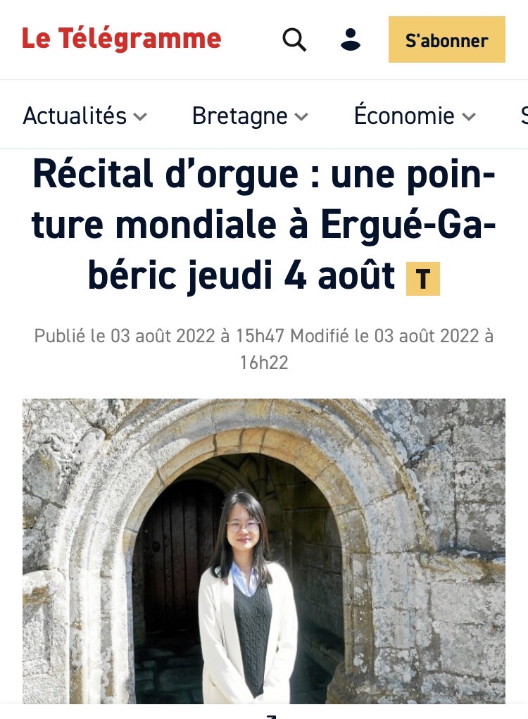 管風琴家阮秀慈受邀於法國巡迴演出，法國媒體「電報」報導。   圖：阮秀慈提供