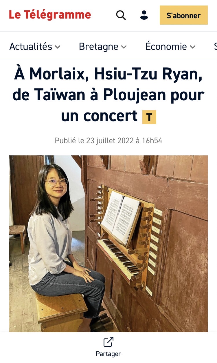 法國媒體「電報」報導「來自台灣的管風琴家於普盧讓演出」。   圖：阮秀慈提供