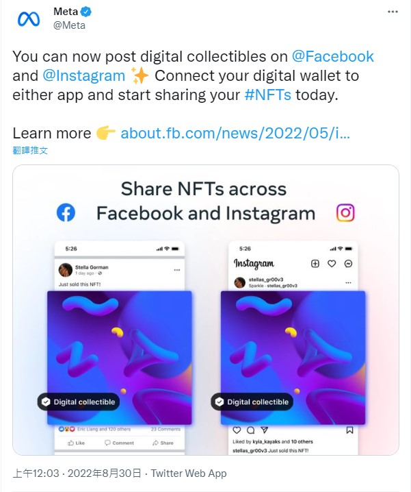 Meta在推特表示，功能推出後，用戶只需在兩個平台中，任選一個連結電子錢包，就可同時在兩個平台發布NFT。   圖：翻攝自Meta Twitter