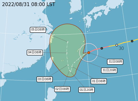 氣象局預估強颱「軒嵐諾」9月2日、3日是颱風距離台灣最接近的時候。   圖：取自中央氣象局網站