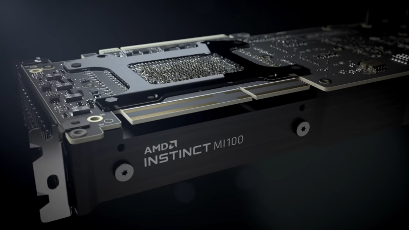 美國對半導體大廠 AMD 和 NVIDIA 宣布對中禁售相關高階晶片。圖為MI100。   圖：翻攝自AMD影片（資料照）