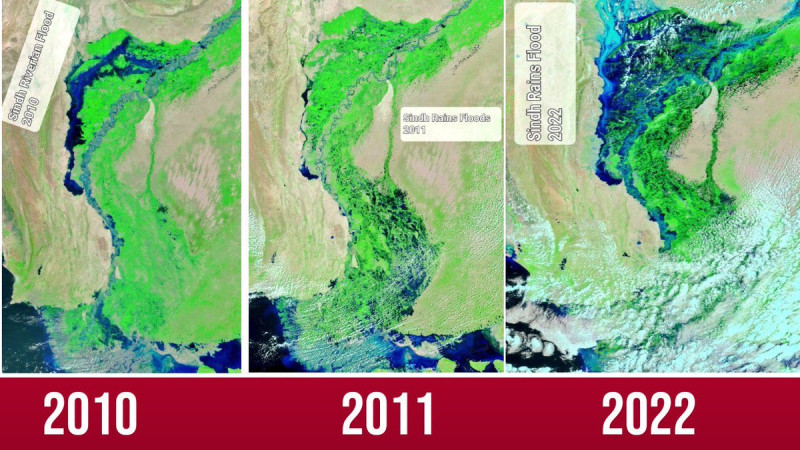 將最新衛星圖像與去年同日、由同一顆衛星拍攝的圖片對比，更能看出巴基斯坦遭受洪水後的「震驚變化」。   圖：擷自推特@fambanglani 