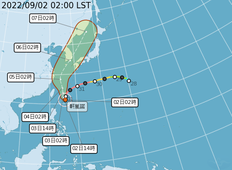 強烈颱風軒嵐諾今天凌晨2時的中心位置，在花蓮東南方520公里海面上，以每小時5轉6公里速度，向西北轉北進行。   圖：中央氣象局/提供