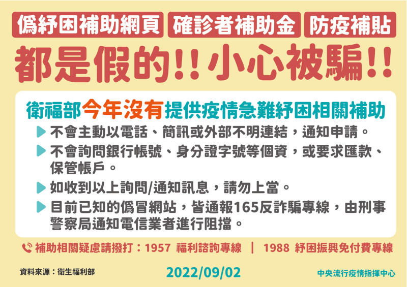 指揮官王必勝今(2)日說明，衛福部目前未因應疫情發放急難紓困相關補助，並提醒民眾千萬別點擊不明網址連結。   圖：中央流行疫情指揮中心／提供