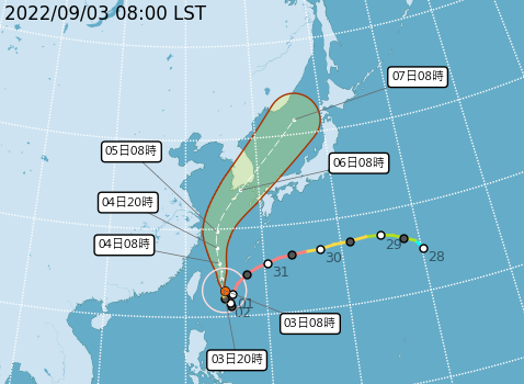 中央氣象局今(3)日凌晨發布軒嵐諾颱風陸警，並且暴風圈可能將會在今晚觸陸。   圖：中央氣象局／提供