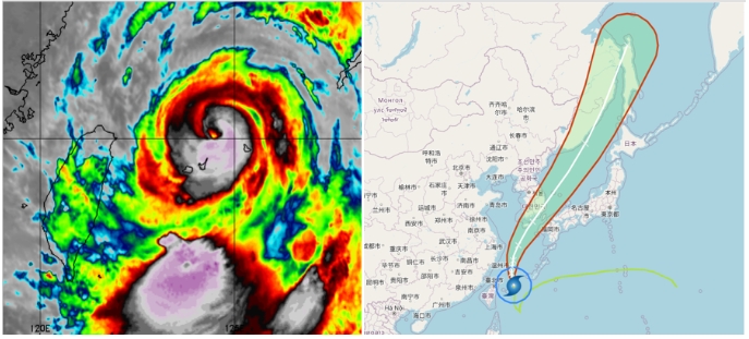 左圖：今晨4：45紅外線雲圖顯示，「軒嵐諾」颱風眼再現。(圖擷自weathernerds)右圖：最新中央氣象局「路徑潛勢預圖」(右圖)顯示，「軒嵐諾」向北北西進入東海，將再度增強為強颱；未來轉向北北東而行，通過南韓及對馬海峽一帶後，由於海溫漸低而減弱，緯度已高而漸變性。   圖/取自「三立準氣象．老大洩天機」專欄