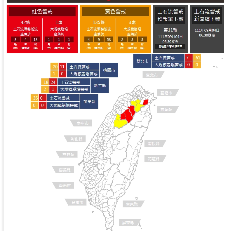 新竹縣、桃園市、新北市4鄉13村達土石流紅色警戒。   圖/農委會土石流防災資訊網