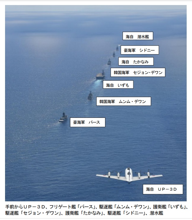 日本公布「2022年印太部署」演習照，從前至後為獵戶座海上巡邏機、澳洲珀斯號巡洋艦、韓國文武大王號驅逐艦、日本出雲號護衛艦、韓國世宗大帝號導彈驅逐艦、日本高波號驅逐艦、澳洲雪梨號巡洋艦等。   圖：翻攝自日本海上自衛隊官網