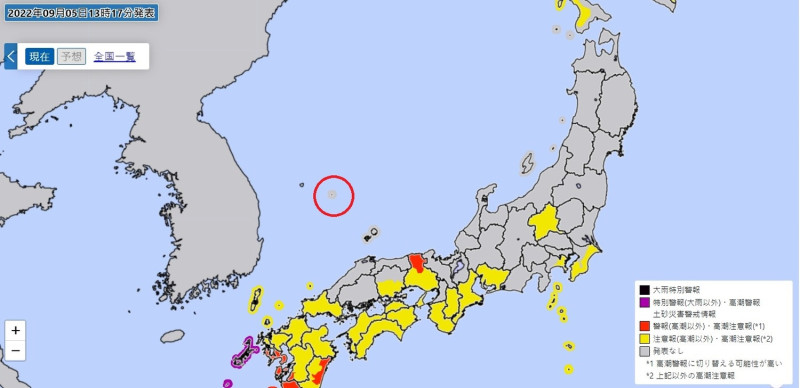 日本氣象廳網站將竹島(紅圈處)標為日本領土。其左側即為韓國領土鬱陵島。   圖:翻攝自日本氣象廳