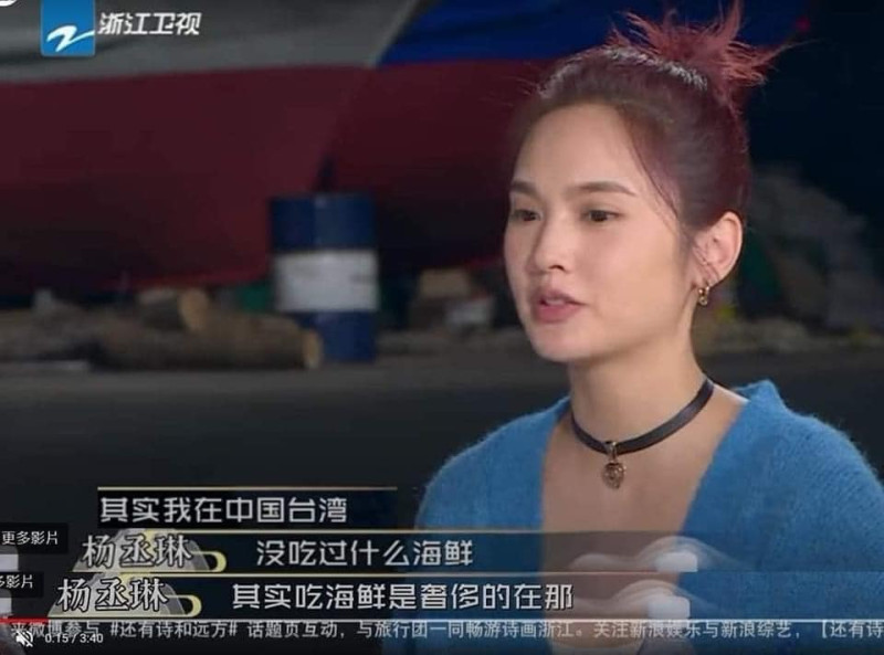 楊丞琳聲稱：「其實我在台灣沒吃過什麼海鮮」還說吃海鮮在台灣「是奢侈的」。      圖：翻攝中國浙江衛視官方頻道YouTube