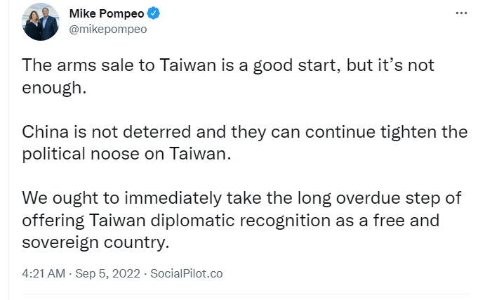 美國前國務卿蓬佩奧在推特肯定拜登政府對台軍售，但稱中國並沒有被嚇阻，應該進一步外交承認台灣。   圖：翻攝自蓬佩奧推特