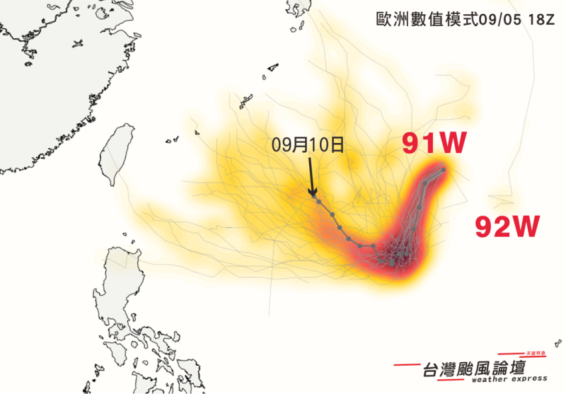 「台灣颱風論壇｜天氣特急」認為，熱帶擾動91W和92W應該會合併之後再發展。   圖 ：取自台灣颱風論壇｜天氣特急臉書