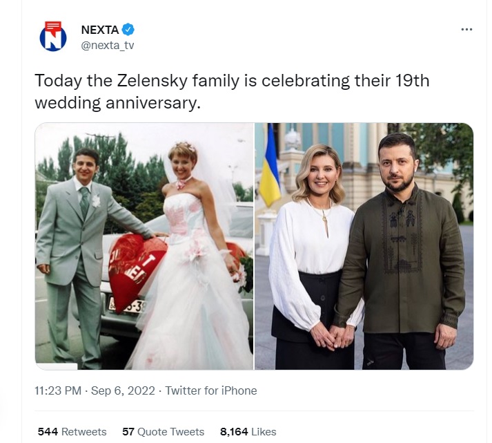 烏克蘭總統澤連斯基（左圖左）2003年9月6日，與同校的同學歐蓮娜結婚，如今過了19年，2人歷經俄羅斯入侵戰火，還是伉儷情深（右圖）。   圖：翻攝自NEXTA推特