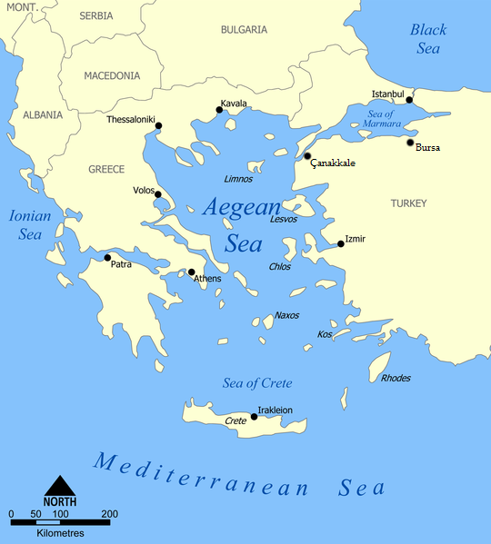 希臘與土耳其為了愛琴海島嶼的問題，已經三次瀕臨戰爭。   圖：翻攝自維基百科